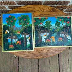 Vintage Haiti Haitian Oil Board Fruit Picking Scene Signed Astrel Set of 2